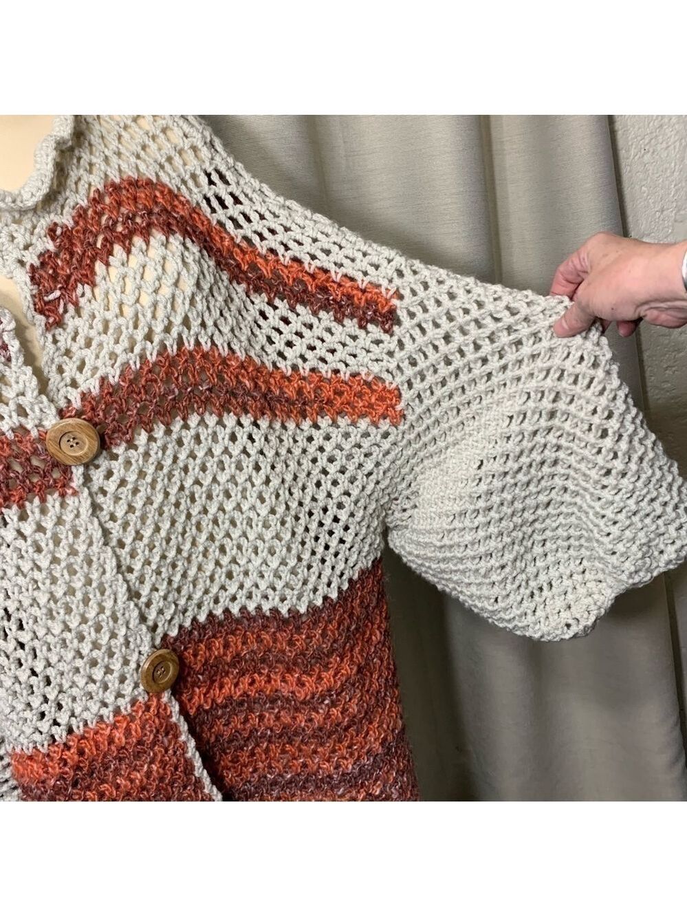 Handmade Chunky Heavy Knit Cardigan Sweater Beige Rust Brown Boho Slouchy O/S - Picture 4 of 9